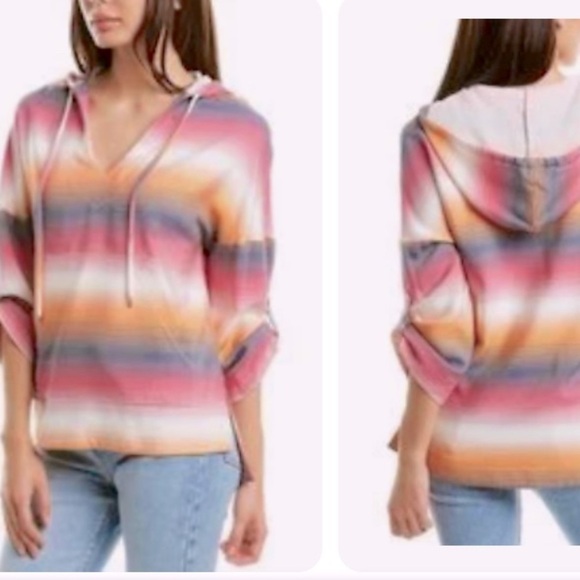 TRINA TURK STRIPED HOODIE V NECK PULLOVER TOP MULTI COLOR Size XS - Picture 3 of 16